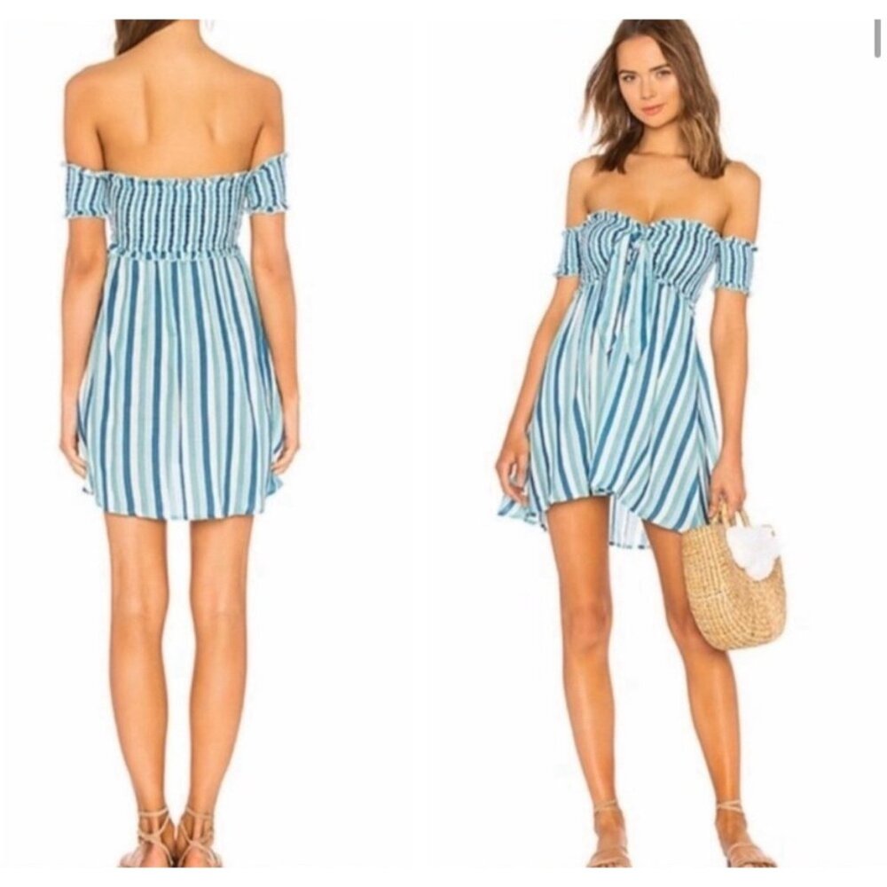 Lovers + Friends Revolve Pull On Striped Dress Blue Front Tie Size Small